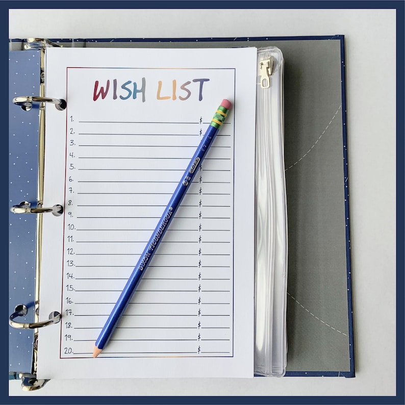 May include: A blue binder with a "WISH LIST" page and a blue pencil. The wish list has numbered lines with dollar signs. The pencil is angled across the page. The binder has a clear pocket and a zipper.