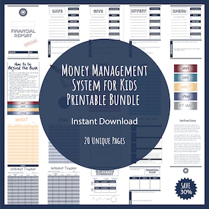 May include: A printable money management system for children, with 20 unique pages. The design includes financial reports, interest trackers, and instructions. Available for instant download.