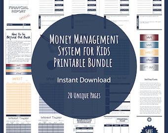 May include: A printable money management system for kids, featuring 20 unique pages. The design includes financial reports, interest trackers, and instructions. The bundle is available for instant download.