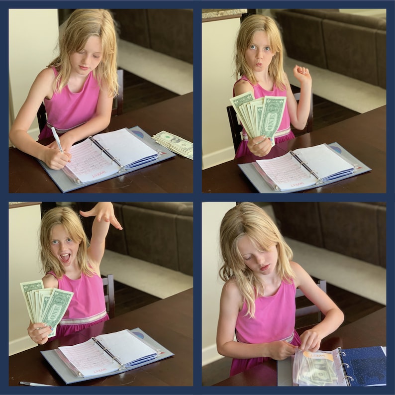 May include: A four-panel image shows a young person in a pink dress interacting with US dollar bills and a binder. The person is writing in the binder, holding money, and organizing bills. The binder is open on a table.