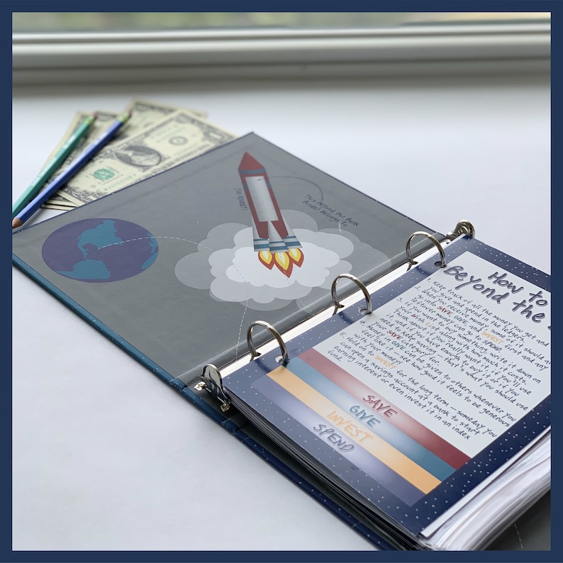 May include: A blue binder with a rocket ship graphic and the text "Beyond the". Inside, a page titled "How to Beyond the" lists financial advice. Colored bars read "Save, Give, Invest, Spend". Pencils and dollar bills are visible.