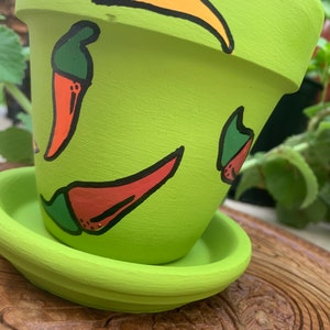 Green hand painted hot pepper 4” terra-cotta planter pot