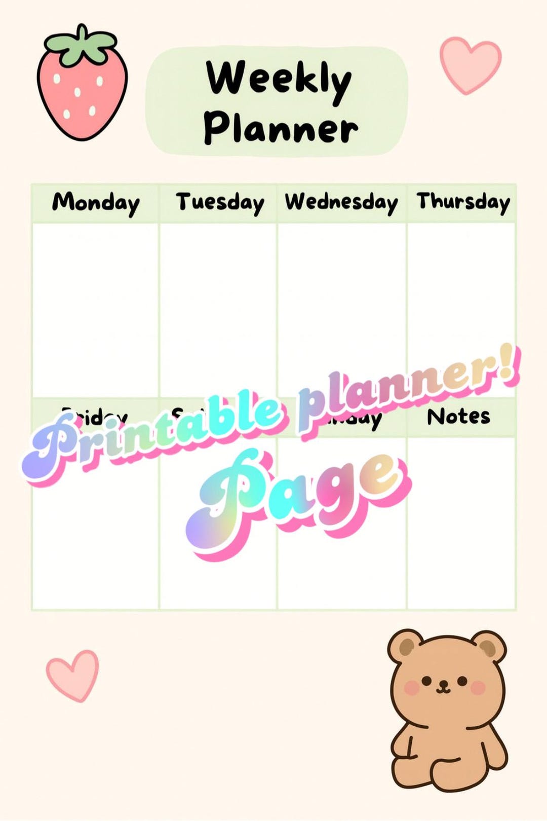 Weekly Planner Printable Digital Download | Kawaii Strawberry & Bear ...