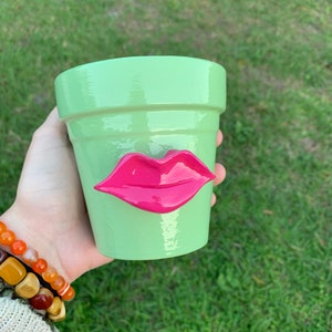 Lips hand painted green clay terra cotta planter 4 inch pot plant succulent display
