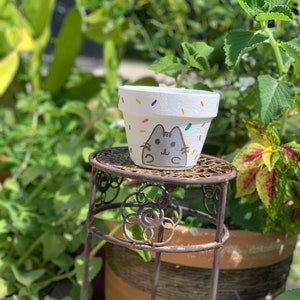 Hand painted Pusheen the cat white marshmallow sprinkle party terra-cotta clay planter pot 5 inch