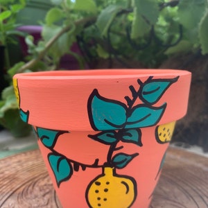 Hand painted pink lemon vine clay terra-cotta planter pot 4 inches