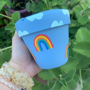 Hand painted blue rainbow clay terra-cotta planter pot 4 inches