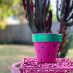 Hand painted watermelon metallic green 4 inch planter pot succulent display terra cotta with drainage hole