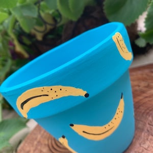 May include: A blue terracotta planter with a yellow banana pattern. The planter is painted with a light blue background and yellow bananas with black outlines.