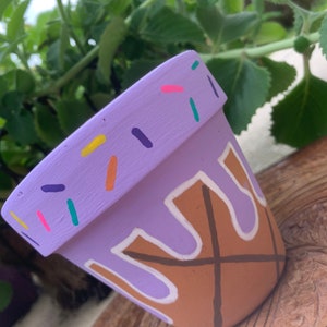 Hand painted purple ice cream cone terra-cotta clay pot 4 inches