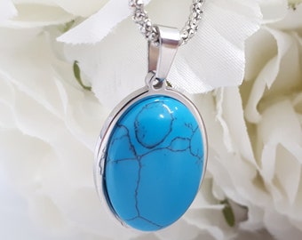 Turquoise Pendant Necklace, Oval Turquoise charms for jewelry, Turquoise Jewelry, Turquoise and Silver Pendant, Blue Turquoise Gift for her