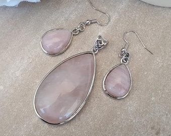 Rose quartz Jewelry gift Set / Rose quartz Pendant Dangle Earrings set / Rose quartz Gemstone / Boho Jewelry / Rose quartz teardrop Necklace