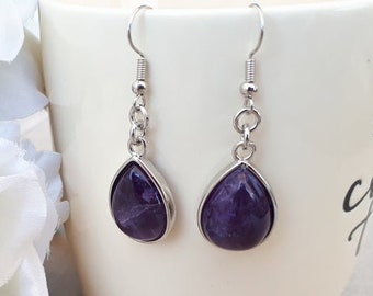 Amethyst Ohrringe / Lila Stein Ohrringe / Februar Geburtsstein Schmuck / Echter Amethyst Schmuck / Ovel Ohrring / Geschenk für sie