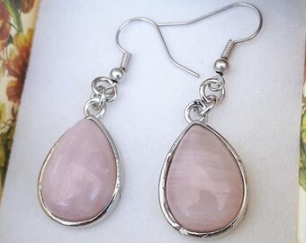 Rose quartz Earrings, Rose Stone Dangle Earrings, January Birthstone Jewelry, Genuine Rose quartz Jewelry, Ovel Earring, Gift For her