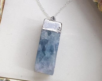 Silver Plated Square Fluorite Pendant / Rectangle Slice Necklace Square Fluorite / Druzy Green Fluorite Pendant / Fluorite Silver Necklace