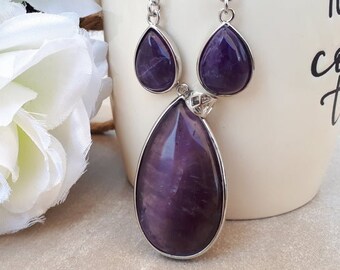 Amethyst Jewelry Set • Amethyst Pendant and Dangle Earrings • Amethyst Gemstone • Birthstone Jewelry • Amethyst teardrop Necklace For Woman
