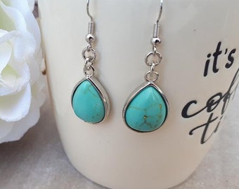 Pendientes de turquesa auténtica / Pendientes colgantes de piedra azul / Joyería con piedra natal de diciembre / Joyería de turquesa / Pendiente ovalado para mujer