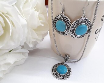 Türkis Schmuckset | Boho Schmuckset | Türkis Kreis Anhänger Ohrringe | Silber Halskette Ohrringe für Frau, Dornröschen Türkis
