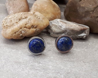 Circle Lapis Gemstone Earrings, Round Lapis Lazuli Earrings, Lapis Lazuli Jewelry, Tiny Earrings for Woman, Lapis and Silver, Stud Earrings