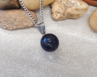 Circle Blue Goldstone Necklace - Ball Blue Goldstone Pendant - Round Blue Goldstone - Tiny Silver Necklace - Blue Goldstone Jewelry
