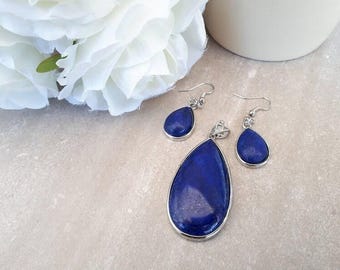 Conjunto de joyas de lapislázuli, pendientes colgantes de lapislázuli, piedra preciosa de lapislázuli, joyería de piedra de nacimiento, collar de lágrima de lapislázuli, regalo para mujer