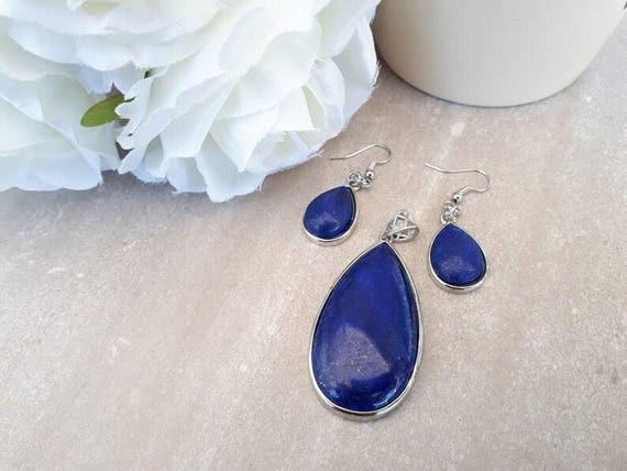 Lapis lazuli jewelry set, lapis lazuli pendant dangle earrings, lapis gemstone, birthstone jewelry, lapis teardrop necklace gift for woman