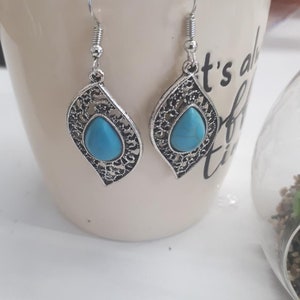 Genuine Turquoise Earrings - Blue Stone Dangle Earrings - December Birthstone Jewelry- Turquoise Jewelry set - Oval Turquoise Dangle Earring