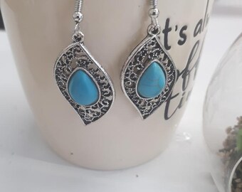 Pendientes de turquesa auténtica - Pendientes colgantes de piedra azul - Joyería con piedra natal de diciembre - Conjunto de joyas de turquesa - Pendiente colgante ovalado de turquesa