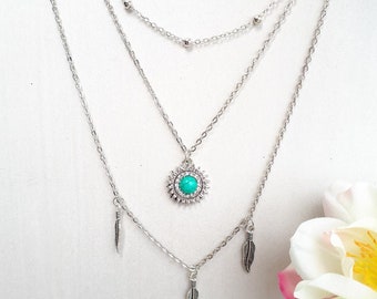 Turquoise Layered Necklace / Turquoise silver Multi Strand Necklace / Gold Layered Necklace Set / Turquoise Pendant / silver Charm for Woman