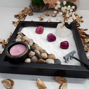 Zen Tuin met roze agaat - rozenkwarts Boom - Crystal Sand Garden, Bureau Accessoire, Zand Kunst, Meditatie, Zen Decor, Office Decor, DIY Kit