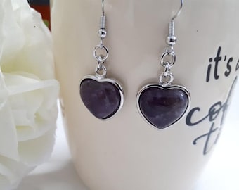 Brincos de ametista pendurados, brincos de ametista de prata feitos à mão e conjunto de colar, pingente de ametista, joia boho, presente para mulher ou para mãe