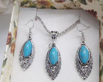Conjunto de lágrima ovalada turquesa / Pendientes turquesa ovalados de plata ovalada / collar colgante turquesa, pendiente colgante turquesa collar de dijes