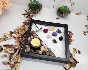 Zenträdgård med helande stenar, naturlig ädelsten, kristallsandträdgård, skrivbordstillbehör, sandkonst, meditation, zendekor, kontorsinredning, gör-det-själv-kit
