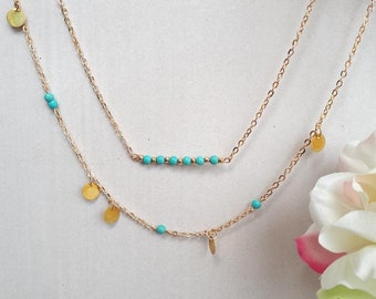 Turquoise Layered Necklace, Turquoise gold Multi Strand Necklace, Gold Layered Necklace Set, Turquoise Pendant, Gold Charm for Woman