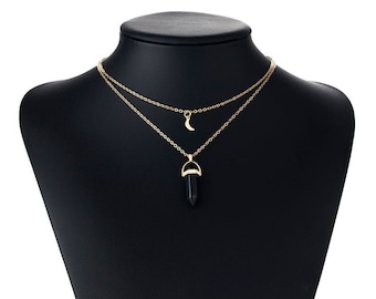Black Tourmaline Point Pendant Necklace: Layered Moon Charm
