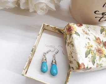 Turquoise Teardrop Earrings / Silver Dangle Earrings / Turquoise Jewelry / Silver Jewelry / Crystral Turquoise Earrings / Gift for her