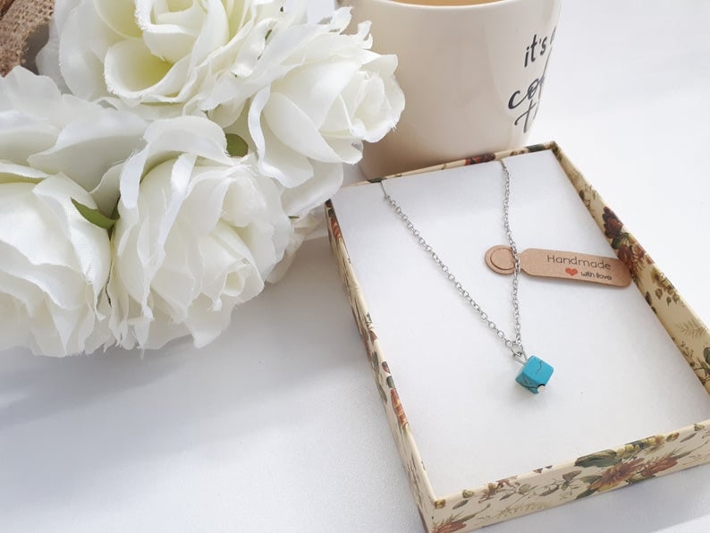 Turquoise Square Silver Necklace Square Pendant Turquoise Charm Necklace December Birthstone Turquoise Jewelry-Silver Plate Necklace
