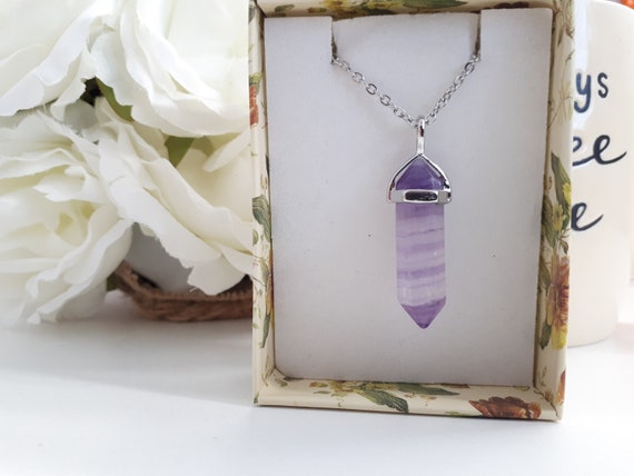 Collana con punta in fluorite, pietra preziosa d'argento