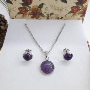 Amethyst Jewelry Set, Amethyst Pendant and stud Earrings, Amethyst Gemstone, Birthstone Jewelry, Amethyst teardrop Necklace For Woman image 1