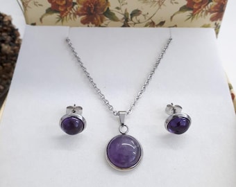 Amethyst Jewelry Set: Teardrop Pendant Necklace & Stud Earrings