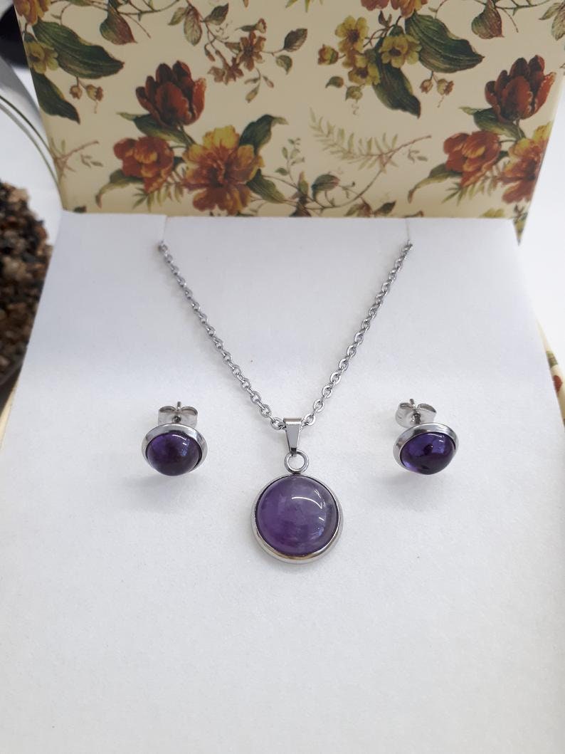 Amethyst Jewelry Set, Amethyst Pendant and stud Earrings, Amethyst Gemstone, Birthstone Jewelry, Amethyst teardrop Necklace For Woman image 1