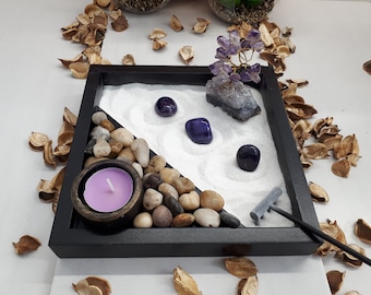 Zen Garden with amethyst Stone - amethyst Tree - Crystal Sand Garden, Desk Accessory, Sand Art, Meditation, Zen Decor, Office Decor, DIY Kit