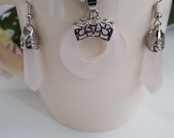 Rozenkwarts oorbellen sieraden set, Rozenkwarts hart zilveren sieraden, handgemaakte bengel oorbellen, edelsteen ketting cadeau voor haar, cadeau voor moeder
