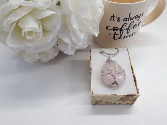 Mookaitedecor Collana Unisex Con Ciondolo Albero Della Vita In Quarzo Rosa - Cristallo Naturale, Catena 58 Cm - 3