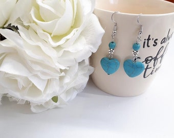 Turquoise Heart Earring • Dangle Earrings • Sterling Silver Earrings • Heart Jewelry • Turquoise Jewelry • Silver Flower Earrings for Woman