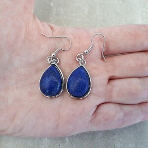 Pu&ograve; includere: Un paio di orecchini a goccia con pietre blu scuro incastonate in metallo color argento. Gli orecchini sono mostrati su una mano, evidenziando le loro dimensioni e il design. I ganci sono color argento.