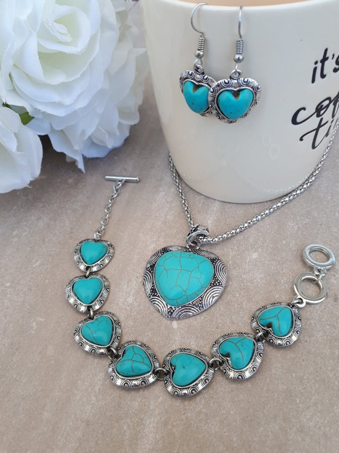 Heart Shape Turquoise Jewelry Set Turquoise Pendant Dangle Earrings heart-shape-turquoise-jewelry-set-turquoise-pendant-dangle-earrings