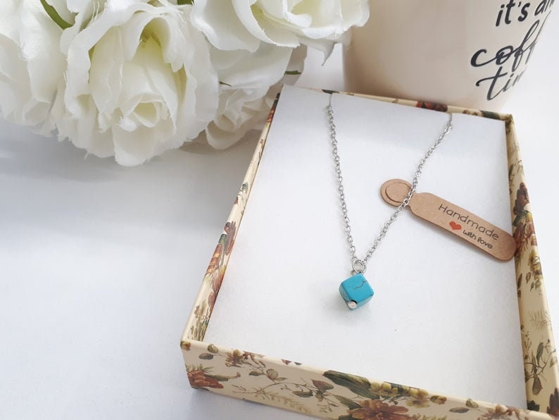 Turquoise Square Silver Necklace Square Pendant Turquoise Charm Necklace December Birthstone Turquoise Jewelry-Silver Plate Necklace