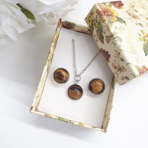 Tigers Eye Set-Tigers Eye Necklace- Dainty Tigers Eye Necklace- Tiger&#39;s Eye Pendant- Tiger Eye Jewelry Set- Tiger Eye Earrings- evil eye set
