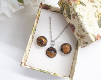 Tigers Eye Set-Tigers Eye Necklace- Dainty Tigers Eye Necklace- Tiger's Eye Pendant- Tiger Eye Jewelry Set- Tiger Eye Earrings- evil eye set